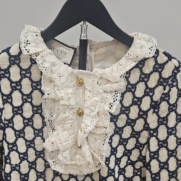 Gucci Cream & Navy Monogram Lace-Front Dress Coat with Red Trim - Picture 3 of 9